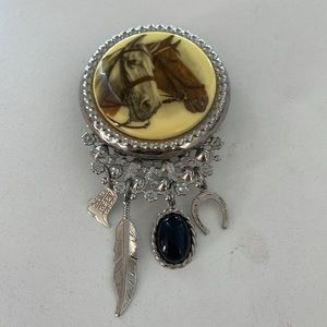 Possible belt attachment or brooch ? Horse pendant and silver charms